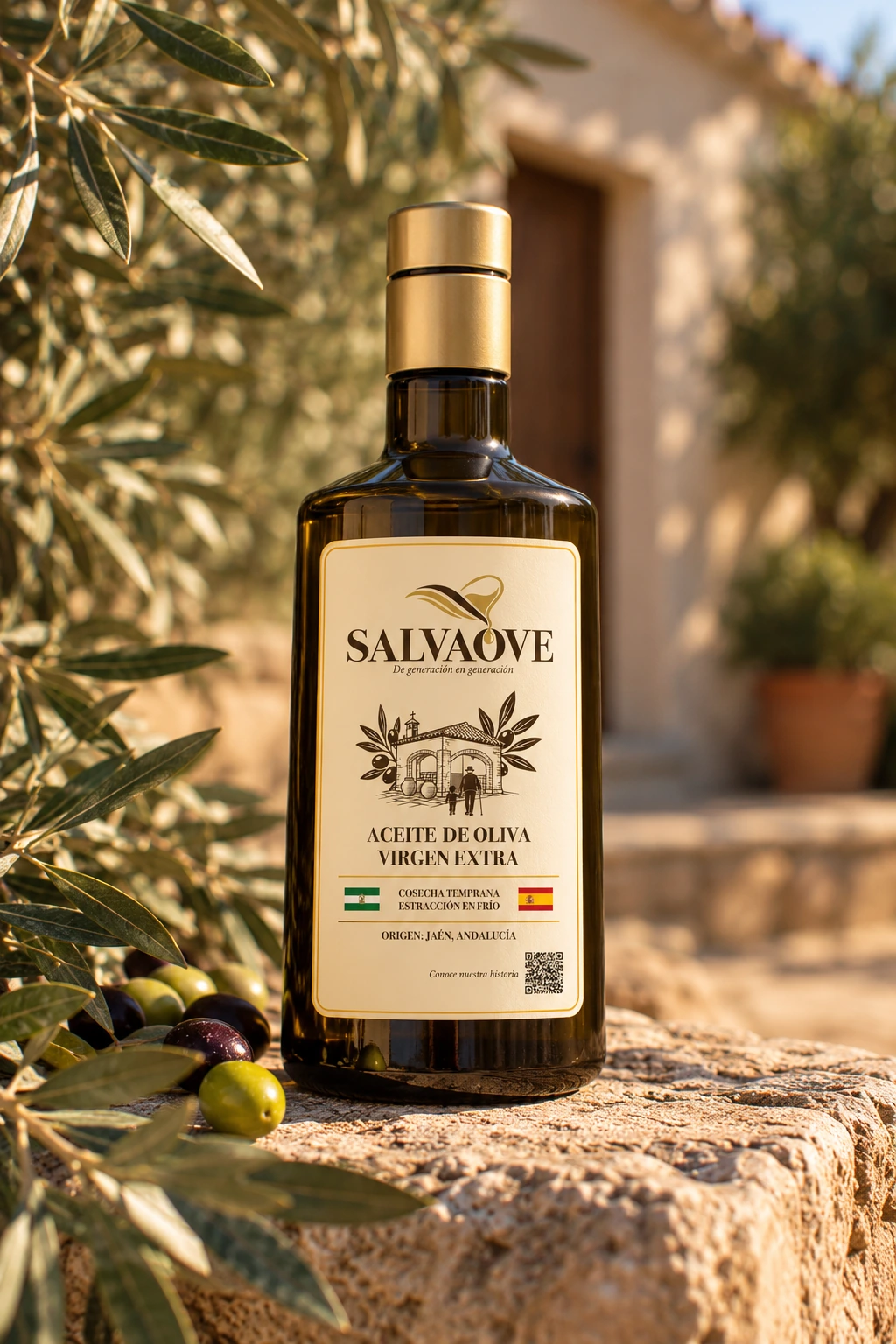 Botella SALVAOVE con tapón dorado entre ramas de olivo junto al cortijo