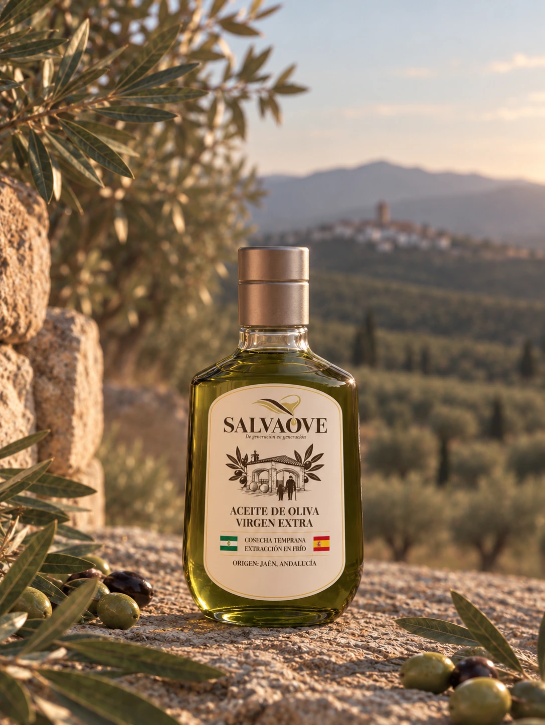 Botella transparente SALVAOVE con aceite de oliva entre olivos y montañas